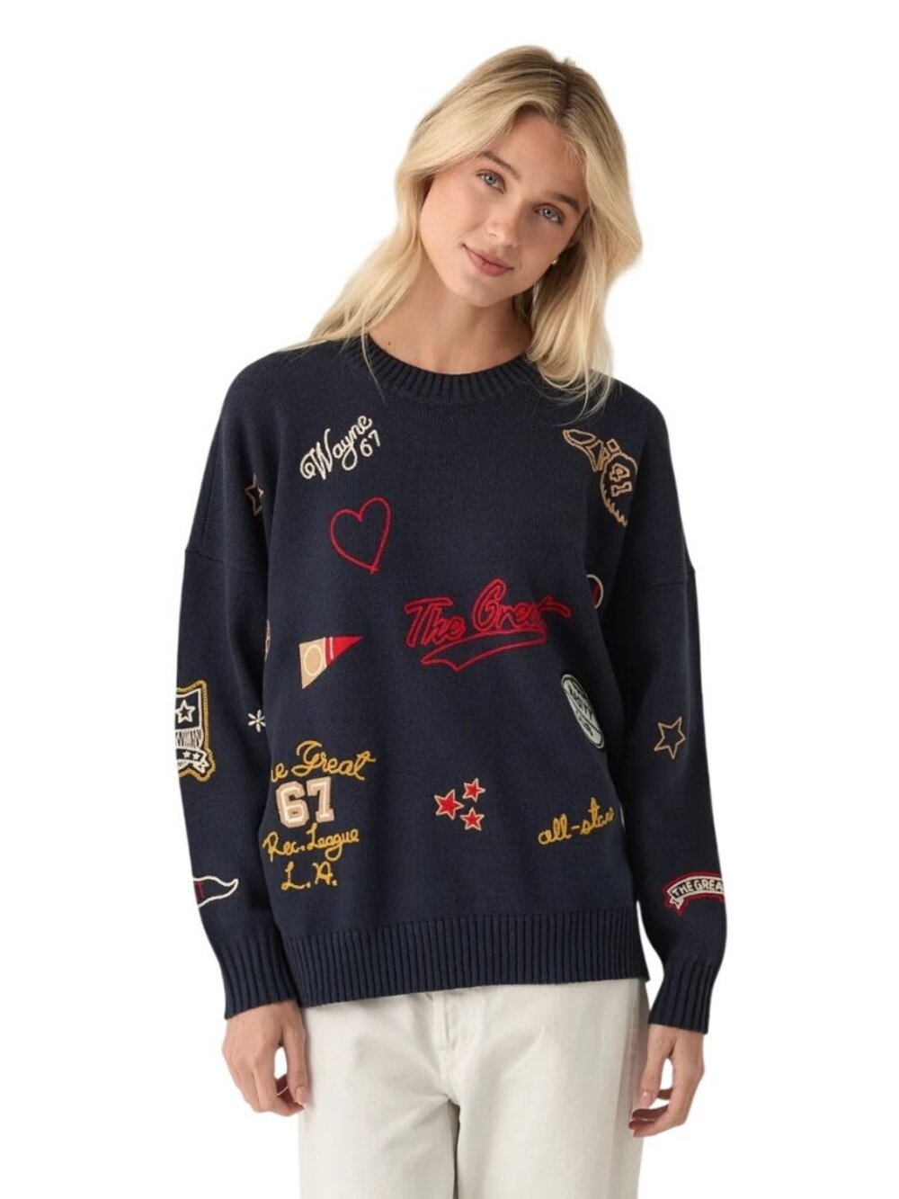 The Great Embroidered Oversized Crewneck Sweater in 2 Medium Navy Blue Womens